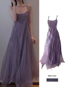 Slimming Effect Purple Mesh Ankle-Length Dress na may Strap para sa Plus Size na Babaeng Itinatago ang Belly A-Line Gown Korean Style Commute...