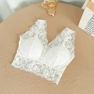 Blonde BH Top Dyb V-hals Bralette Dame Tank BH med korte blonder Sexet Lingeri Wire Gratis Undertøj Polstret Cropped Camisole BH