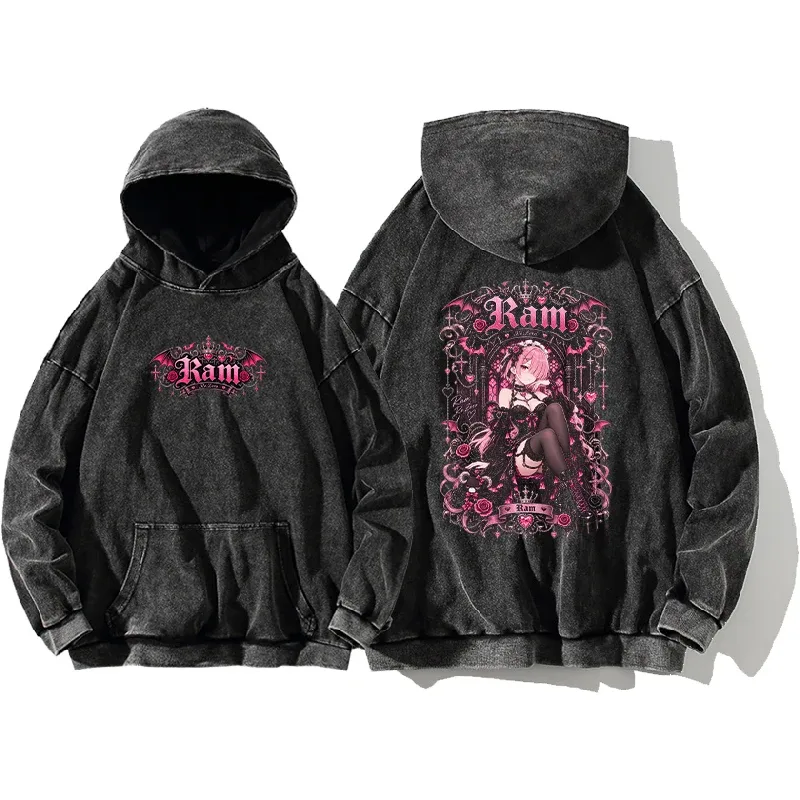 Anime Re:Zero Ram Gothic Hoodies Vintage Washed Streetwear Herr Dam Kläder Höst Långa ärmar Oversized 100 % bomull huvtopp