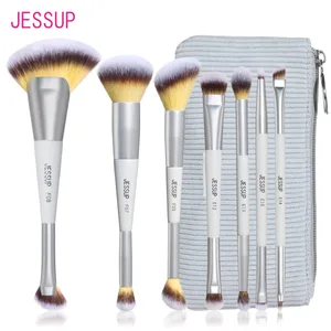 Jessup Make-up-Pinsel-Set, 3/7-teilig, Dual-Ended Synthetic Foundation Blush Highlight Blending Augenbrauenpinsel mit Tasche, Quiet Grey T520