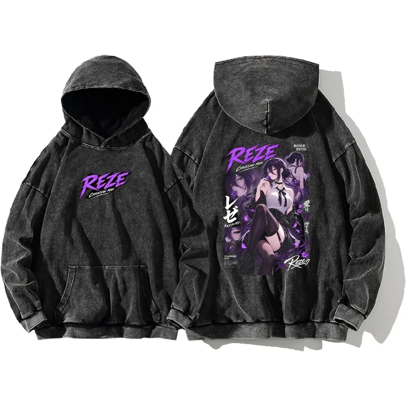 Reze Chainsaw Man Anime Retro Hoodies Harajuku Vintage Washed Streetwear Men Women Clothing Long Sleeves 100% Cotton Hooded Tops