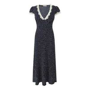 2025 Abito lungo da donna a pois blu navy in pizzo con scollo a V manica corta A-line abiti eleganti da vacanza Summe Maxi Robe