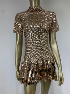 Summer Women Fashion Half High Neck Short Sleeve Shiny Mermaid Sequin Mini Dress Club Dress Nightclub Stage Performance Costume