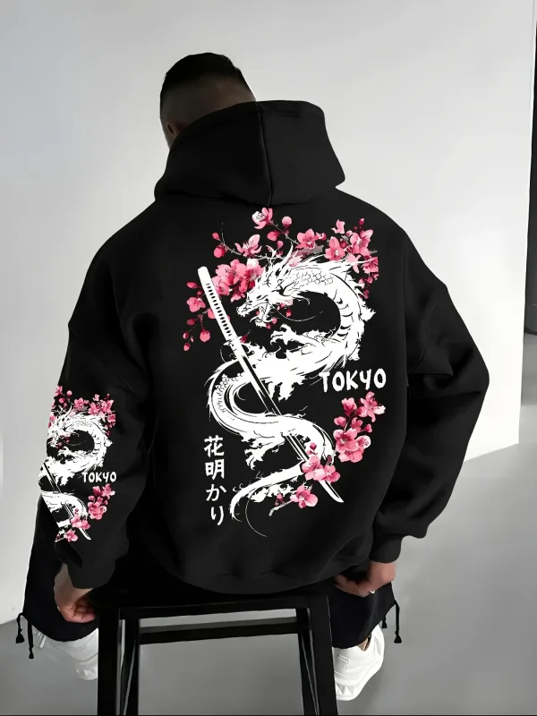 Jersey con capucha con estampado de flores de cerezo y estampado de dragón estilo anime para hombre para calidez invernal estilo suelto y casual