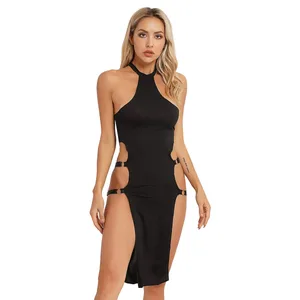 Dámské bez rukávů, rozdělené bodycon šaty sexy kostým u tyče letní černá nastavitelná ramínka šaty s vysokým střihem party klub