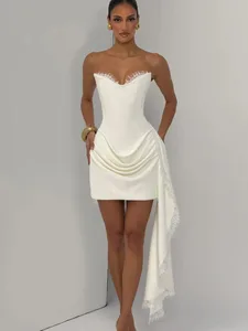 Women Lace Trim Patchwork Strapless Ribbon Bodycon Dress Sexy Ruched Pleated Backless Lace Up Short Dresses Evening Party Gowns