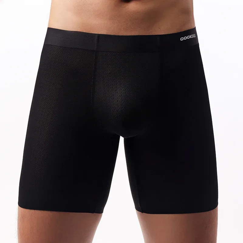 Eis Seide Lange Boxershorts Männer Ultra-dünne Atmungsaktive Sport Unterwäsche Sexy Durchsichtig Höschen Männlichen Schnell Trocknend U Pouch unterhose
