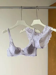 Purple Lace Bra Babae French Sexy Embroidery Soft Underwire Minimizer Push Up Anti Sagging Lingerie Brassiere 32‑38
