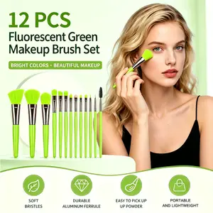 Set de pensule de machiaj, verde neon, 12 piese, pensule cosmetice moi pentru fond de ten, fard de obraz, fard de obraz, aplicare zilnică de machiaj