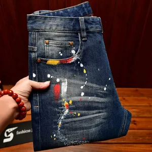 Pintura estampada Retro Jeans per a home Street Style Trendy Handsome Men's Clothing Distressed Slim Fit American Style Men's Pants