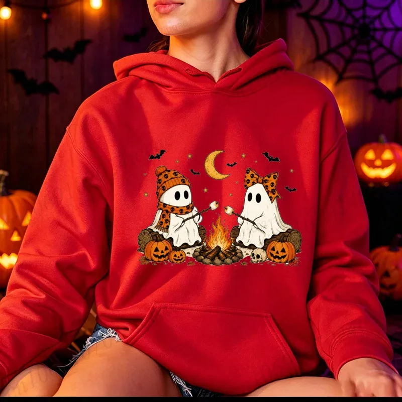 Halloween-Cute-Ghost-Camping-Fall Herren Damen Hoodies Vintage Sweatshirts Herbst Kürbis Kapuzenpullover Spooky Season Sportwears