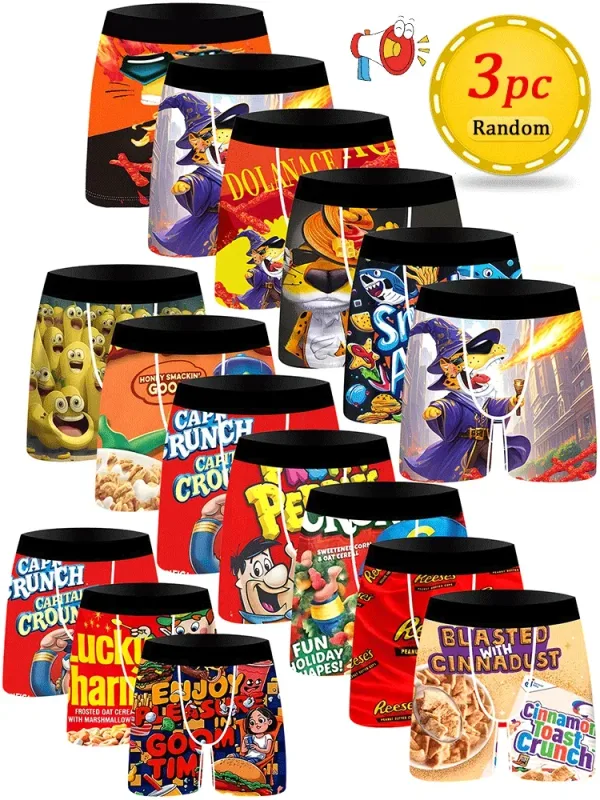3 stk. Random Snack tegneserietrykmønster herre trusser Ice Silk Cool Hurtigttørrende og åndbart herreundertøj