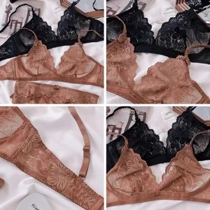 Ensemble de Lingerie Sexy en dentelle noire pour femmes, soutien-gorge et culotte confortables sans fil, grande taille