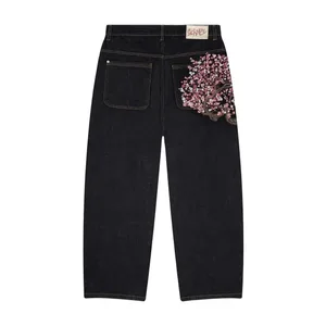 Bông Tai Kẹp Miếng Dán Cường Lực Hoa Anh Đào Thêu Quần Denim Y2k Vintage Nữ Quần Baggy Thẳng Ống Rộng Quần Jean Phố Nam Quần Áo