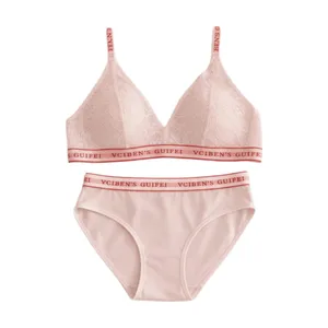 Ensemble de Lingerie confortable avec lettres, décolleté en V profond, sous-vêtements sans fil pour femmes, costume en dentelle, soutien-gorge bloquant les couleurs, ensemble de culottes pour filles