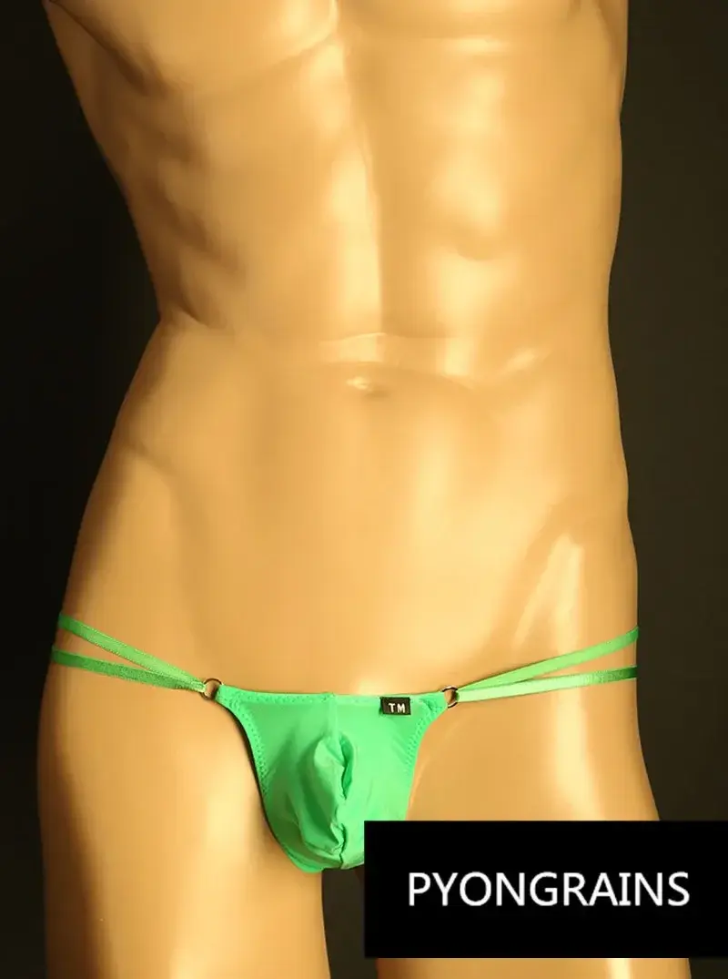 남자 조정 가능한 금속 O-링 더블 얇은 스트랩 비키니 팬티 낮은 상승 부드러운 얼음 실크 3D U 볼록한 주머니 섹시한 남성 속옷