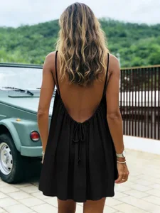 Abito ampio da donna con spalle scoperte, cinturino in puro colore, abito estivo casual alla moda, maxi abito ampio transfrontaliero