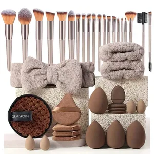 All In One 20/40Pcs Makeup Brushes Set Beauty Sponge Makeup Puff Headband & Wristband Professional Cosmetic Tools Gift