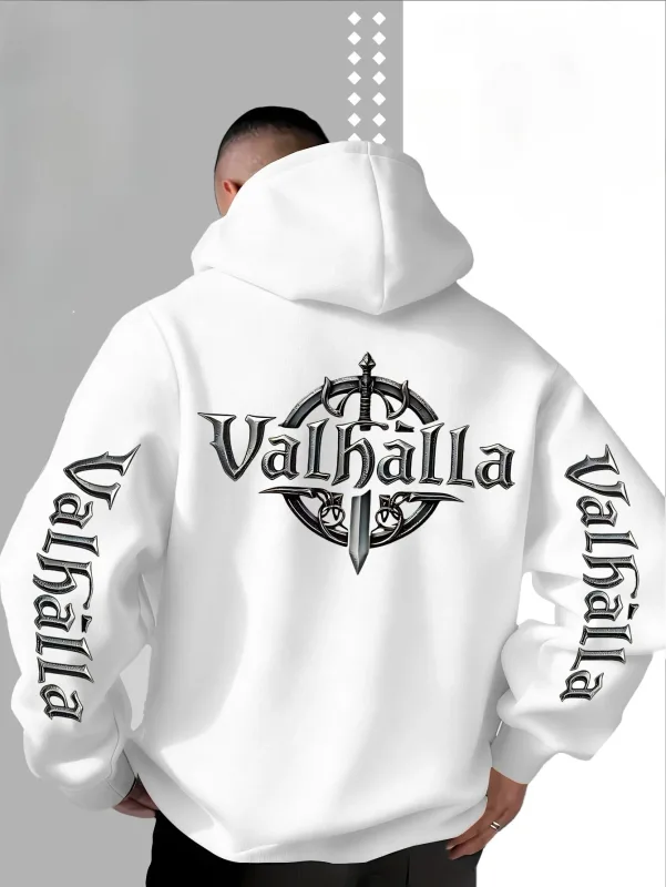 Sudadera con capucha para hombre con estampado de logotipo en forma de espada vikinga holgada estilo callejero, adecuada para otoño e invierno.