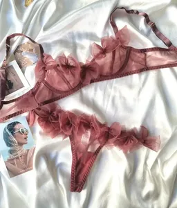 Blomsterrigt/sexet mesh lingeri-strengsæt hot flirt halv kop ultratynd bh dameundertøj behagelige dame bh'er