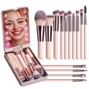 Conjunto de pincéis de maquiagem com espelho iluminado, 14 peças, portátil, cabo curto, luz led, kit de pincéis de maquiagem recarregável por USB