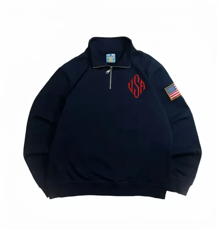 Vintage mikiny s vlajkou USA s výšivkou Námořnická modrá mikina se čtvrtkovým zipem Rychlé dodání Streetwear High Street Y2k Fashion Mikiny