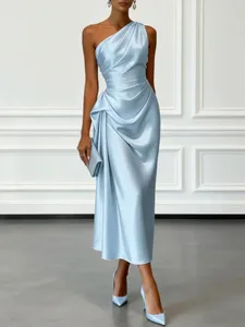 Elegant One Shoulder Satin Ruched Midi Dress for Formal Evening Cocktail Party