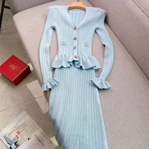 YuooMuoo Brand Fashion Ολόσωμο πλεκτό μάξι φόρεμα Γυναικείο Κομψό με λαιμόκοψη V με βολάν λεπτή μέση φόρεμα πουλόβερ Party Vestido