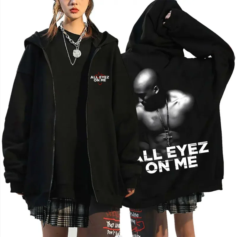 Rapper Tupac 2pac All Eyez on Me Cross Rits Hoodie Mannen Vrouwen Hip Hop Mode Zip Up Hoodies Heren Casual Oversized Streetwear