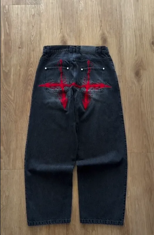 Retro Ngọn Lửa Mũi Tên Thêu Quần Jean Baggy Ống Rộng Thẳng Quần Denim Nam Hip Hop Y2k Cao Cấp Dạo Phố Nam quần Áo