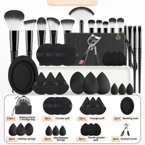 33pcs Set de instrumente de machiaj all-in-one 15 perii Bureți de frumusețe Pudră Puff Ondulator de gene cu sac de depozitare pentru machiajul complet al feței