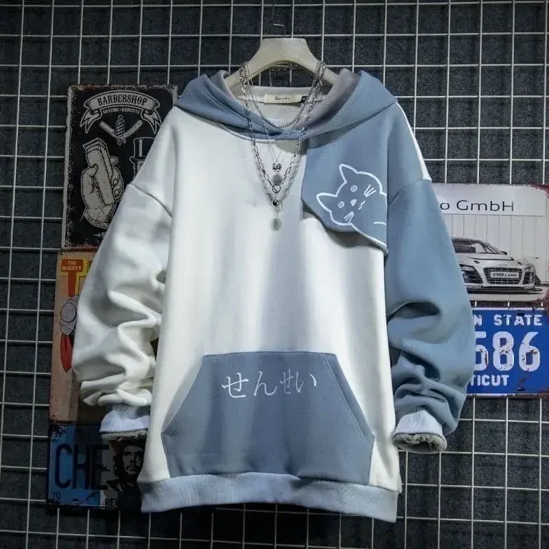 Sudadera con capucha de estilo japonés para primavera y otoño para hombre, sudadera con estampado de gato bonito, sudaderas con capucha para adolescentes, sudadera de moda de Anime Harajuku para hombre