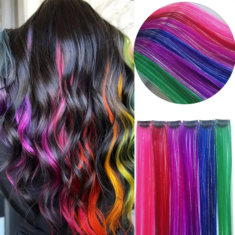 Multicolor Clip in Hair Extensions Mix talmi Színes hajhosszabbítás 2 az 1-ben szivárványos haj ezüst talmákkal gyerekeknek, lányoknak