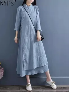 2026 İlkbahar Sonbahar Yeni Bayan Elbiseler vestidos Robe Elbise Gevşek Artı Boyutu Pamuk Keten Çift Katmanlı Uzun Elbise