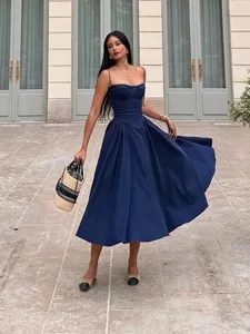 Suninheart Abito longuette elegante con cinturino per spaghetti Abiti slim da festa in linea A Abito da festa di compleanno casual blu navy Abbigliamento da donna