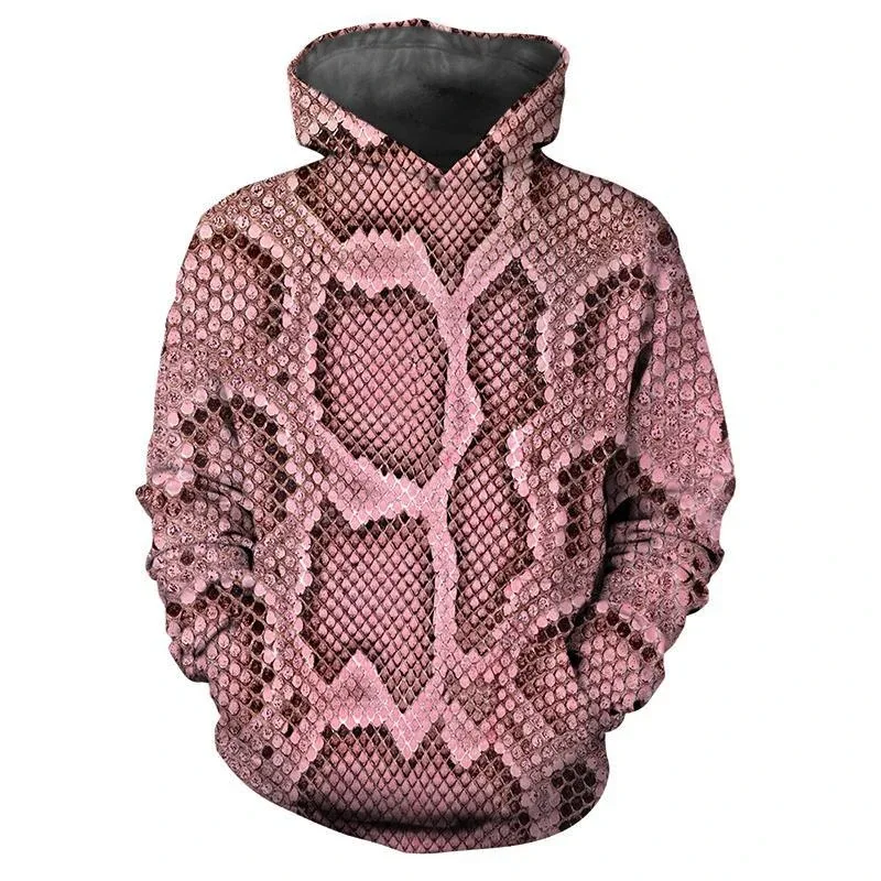 Personligt hættetrøjer med slangeskindsmønster Modetrend Langærmede 3D-dyrshudprintede hættetrøjer til mænd Løs Streetwear Cool toppe