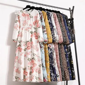 Abiti lunghi da donna primavera estate Abiti casual a maniche lunghe con stampa floreale O-collo Donna Bohe Beach Party Abito lungo Mujer Vestidos